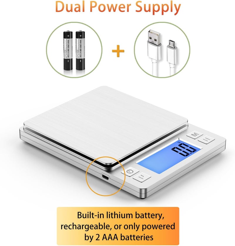 BOMATA Upgraded Small Food Scale, 0.1 g/0.001 oz High Precision, 3000 g/6.6 lb, with New Hold Function and Larger Display, USB Rechargeable, Digital Kitchen Scale for Small Item, Jewelry. Sliver - Image 3